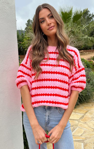 Knitted-Striped-Short-Sleeve-Top-Roze-4