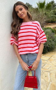 Knitted-Striped-Short-Sleeve-Top-Roze-5