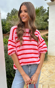Knitted-Striped-Short-Sleeve-Top-Roze-6