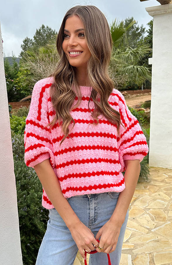 Knitted-Striped-Short-Sleeve-Top-Roze-6
