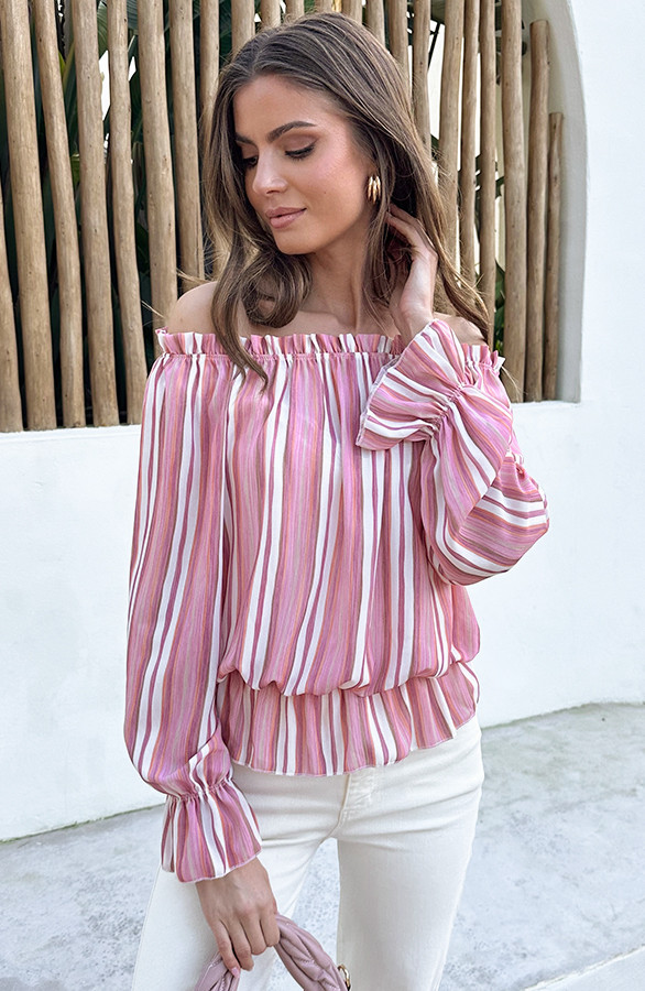 Off-Shoulder-Striped-Blouse-Dust-RozeF-2