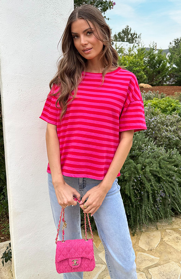 Oversized-Katoenen-Strepen-Top-Fuchsia-Rood-2