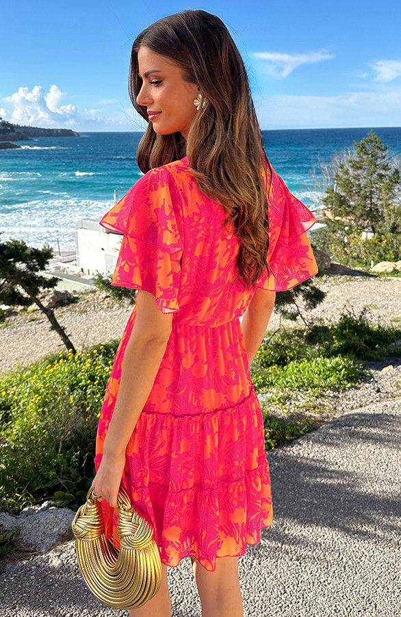 V-hals-Ruffle-Jurk-Print-Fuchsia-Oranje-1