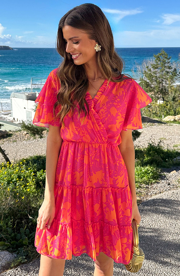 V-hals-Ruffle-Jurk-Print-Fuchsia-Oranje-2