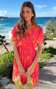 V-hals-Ruffle-Jurk-Print-Fuchsia-Oranje-3