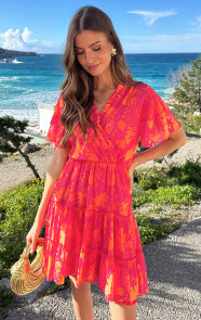 V-hals-Ruffle-Jurk-Print-Fuchsia-Oranje-4