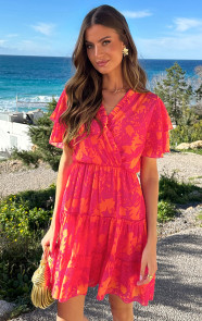 V-hals-Ruffle-Jurk-Print-Fuchsia-Oranje-5