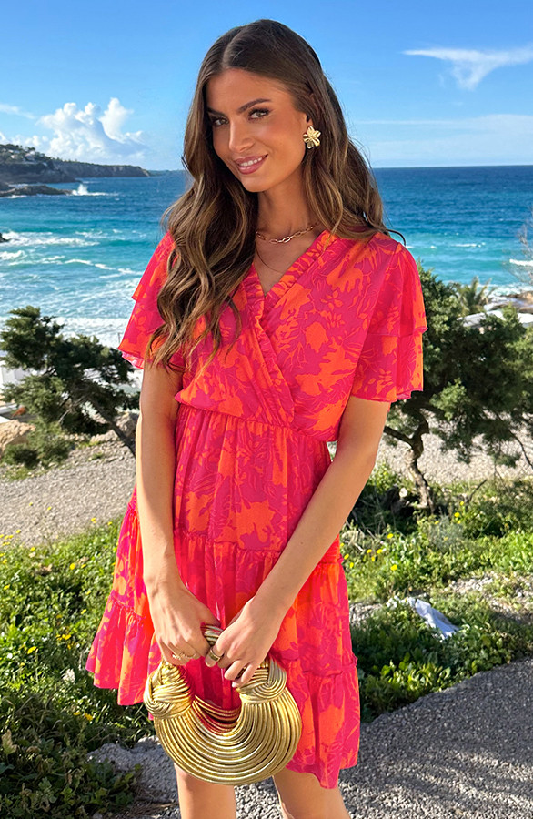 V-hals-Ruffle-Jurk-Print-Fuchsia-Oranje-6