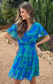 V-hals-Ruffle-Jurk-Print-Kobalt-Groen-11