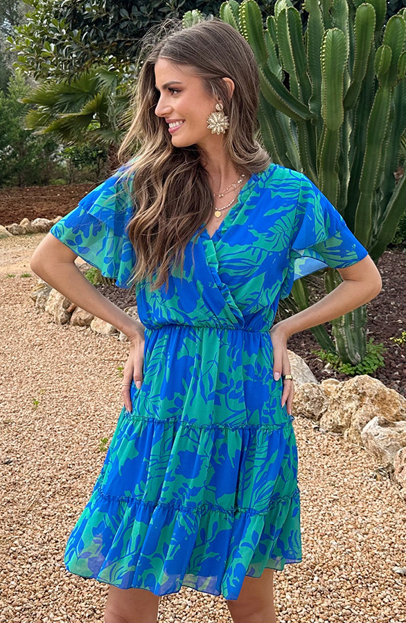 V-hals-Ruffle-Jurk-Print-Kobalt-Groen-11
