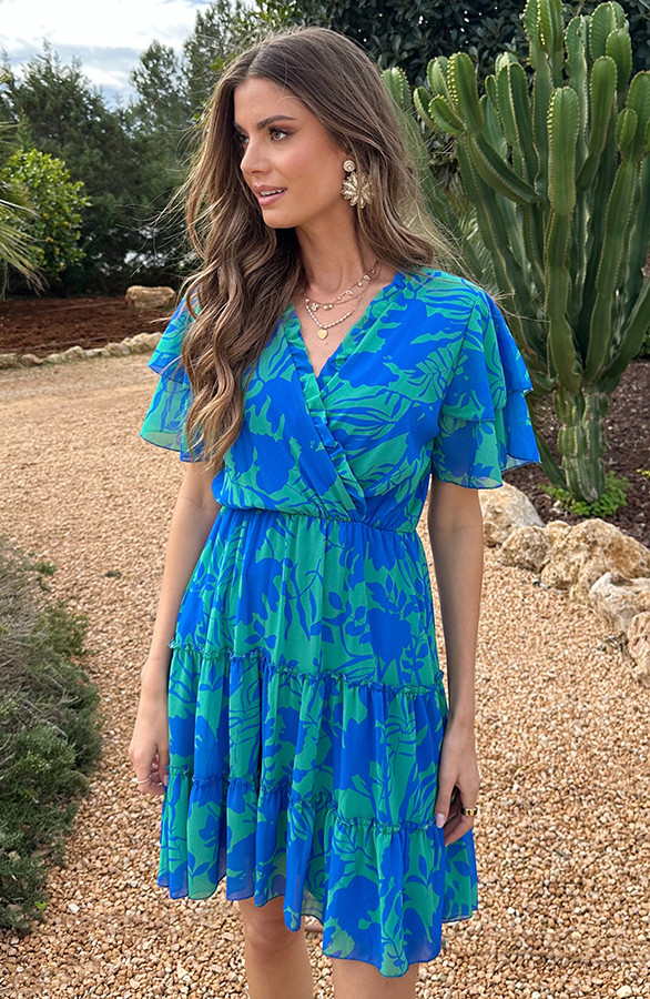 V-hals-Ruffle-Jurk-Print-Kobalt-Groen-2