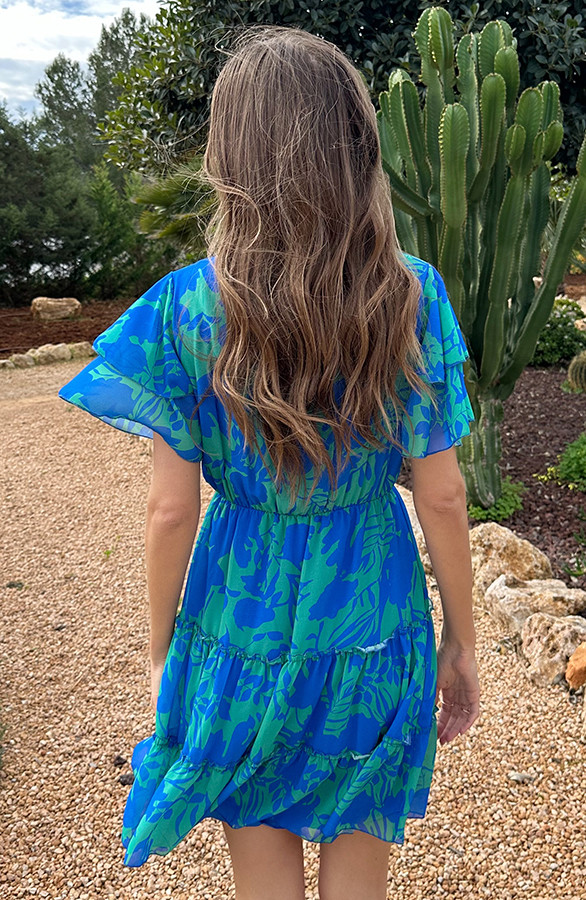 V-hals-Ruffle-Jurk-Print-Kobalt-Groen-8