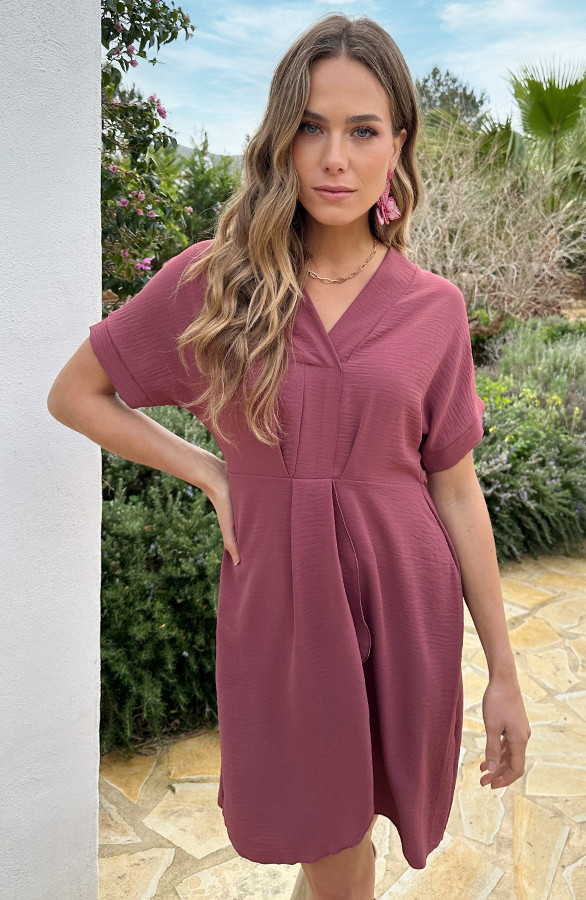 V-hals-Short-Sleeve-Jurk-Dust-Roze-6