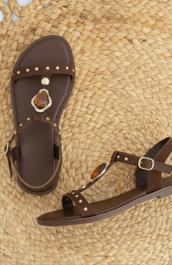 Boho-Sandale mit Nieten, Wildleder, Schokobraun