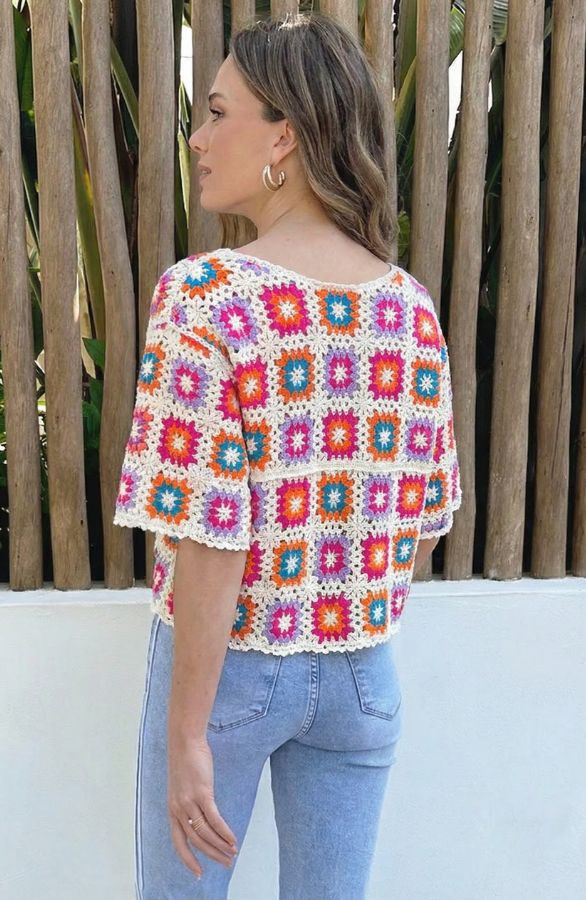 Crochet-Gehaakte-Top-Korte-Mouw-Multicolor-3