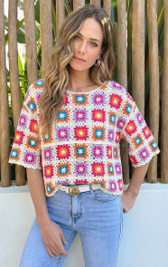 Crochet-Gehaakte-Top-Korte-Mouw-Multicolor-4