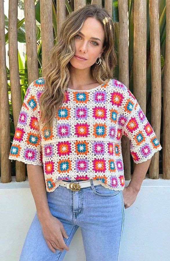 Crochet-Gehaakte-Top-Korte-Mouw-Multicolor-4