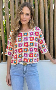Crochet-Gehaakte-Top-Korte-Mouw-Multicolor-5