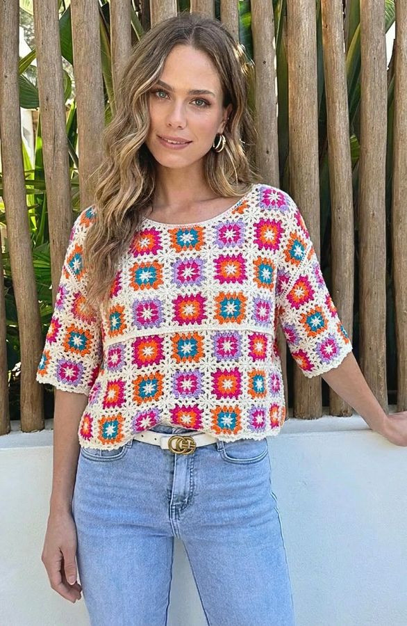 Crochet-Gehaakte-Top-Korte-Mouw-Multicolor-5