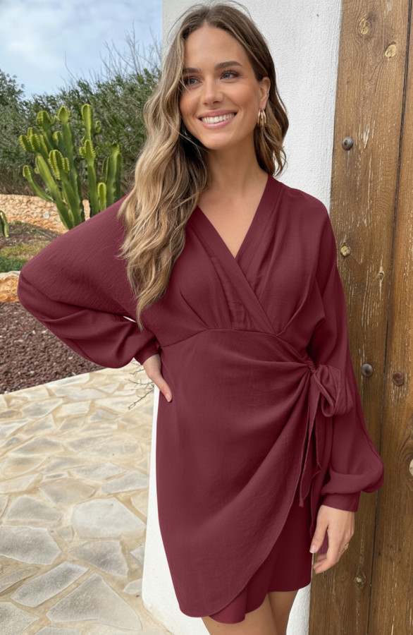 Elegant-V-Hals-Jurk-Burgundy-KLEUR-1