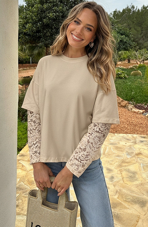 Oversized-Lace-Sleeve-T-shirt-Beige-1