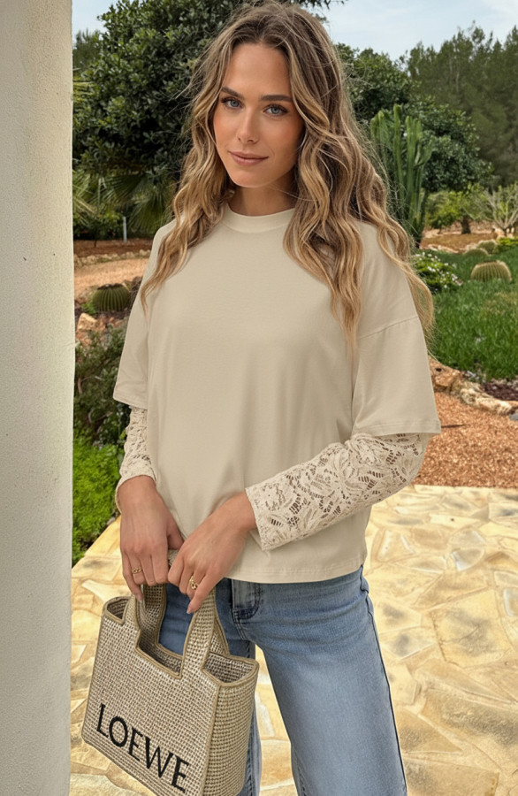 Oversized-Lace-Sleeve-T-shirt-Beige-2
