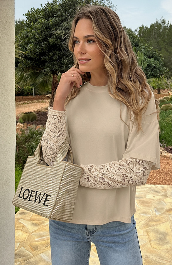 Oversized-Lace-Sleeve-T-shirt-Beige-5