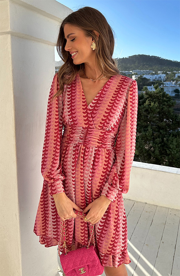 Smocked-Waistband-Lurex-Jurk-Roze-Rood-3