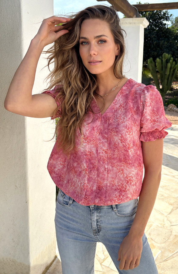 V-hals-Pofmouw-Top-Print-Roze-7