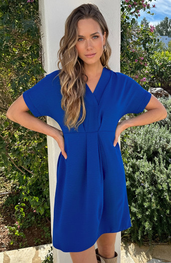 Kurzärmeliges Kleid mit V-Ausschnitt, Kobaltblau