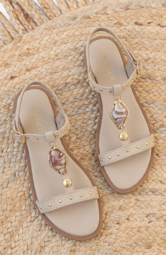 Boho-Sandale mit Nieten, Wildleder, Beige