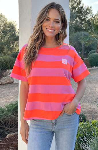 Casual-Gestreept-Shirt-Dames-Katoen-Orange-Roze-6-1