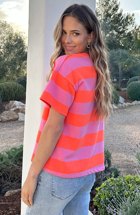 Casual-Gestreept-Shirt-Dames-Katoen-Orange-Roze-6-9