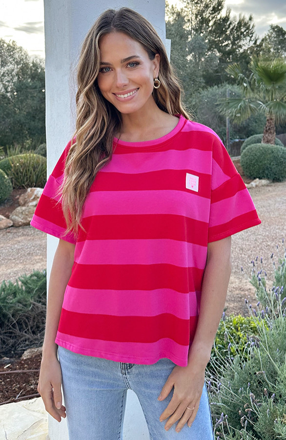 Casual-Gestreept-Shirt-Dames-Katoen-Rood-Roze-1