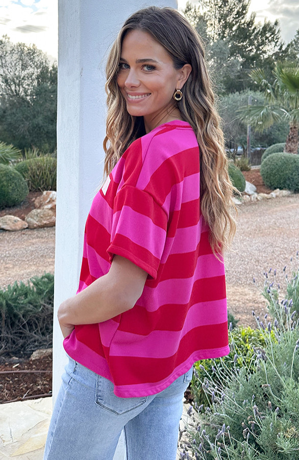 Casual-Gestreept-Shirt-Dames-Katoen-Rood-Roze-3