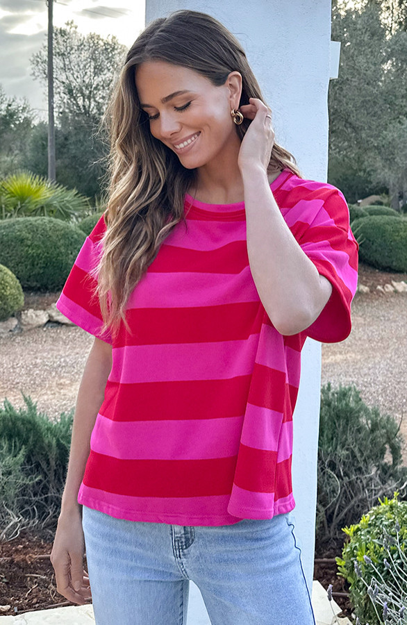 Casual-Gestreept-Shirt-Dames-Katoen-Rood-Roze-4