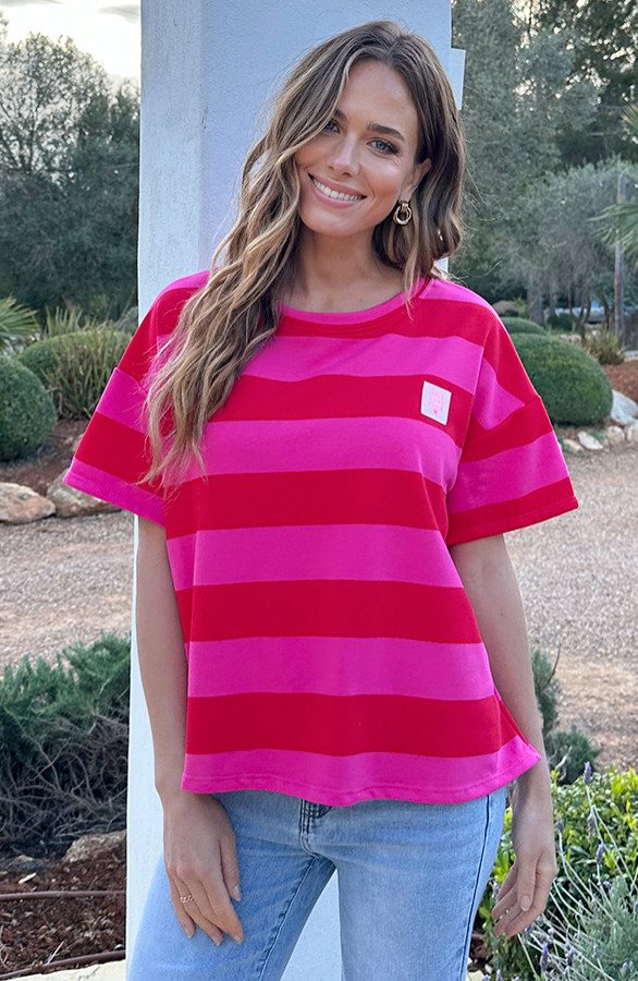 Casual-Gestreept-Shirt-Dames-Katoen-Rood-Roze-6