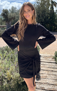 Draped-Wrap-Jurk-Wijde-Mouw-Katoen-Zwart-10