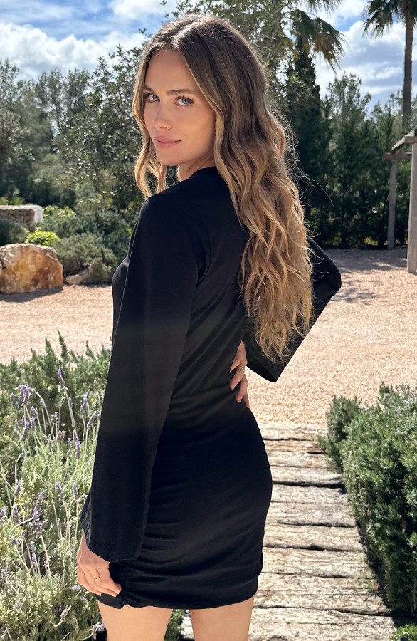 Draped-Wrap-Jurk-Wijde-Mouw-Katoen-Zwart-7
