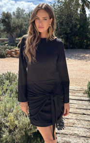 Draped-Wrap-Jurk-Wijde-Mouw-Katoen-Zwart-8