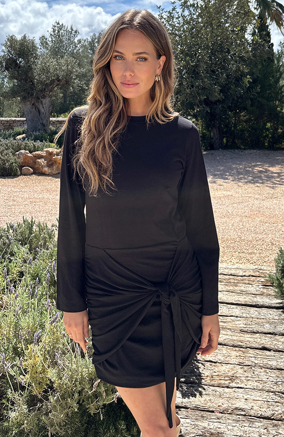 Draped-Wrap-Jurk-Wijde-Mouw-Katoen-Zwart-8
