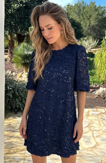 Exklusives Paillettenkleid mit Puffärmeln in Marineblau