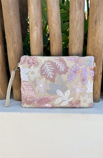 Bestickte Clutch mit Blumenmuster, Rosa/Beige