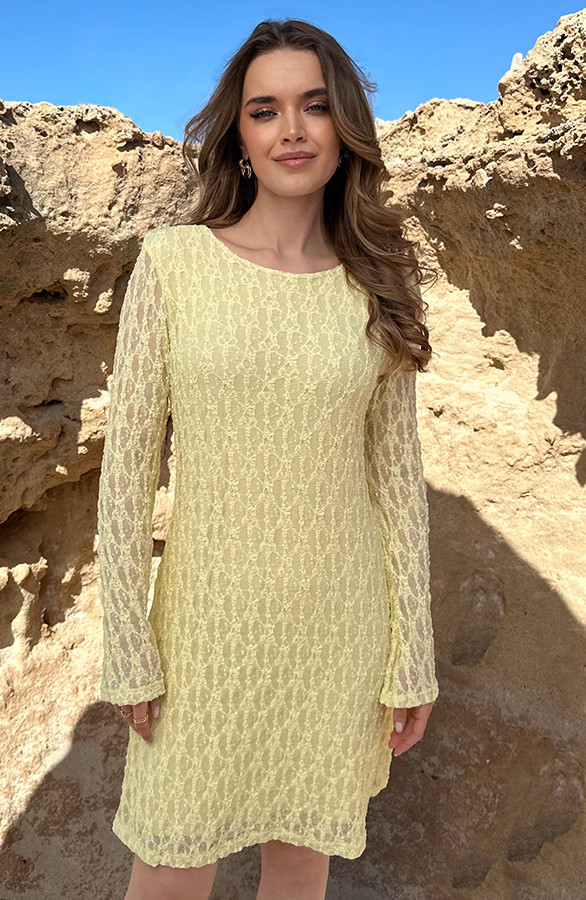 Lace-Flared-Mouwen-Jurk-Butter-Yellow-4