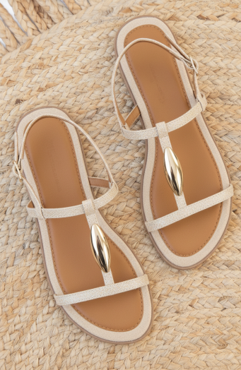 Luxuriöse flache T-Riemen-Sandalen in Beige