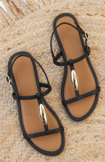 Luxuriöse flache T-Riemen-Sandalen, schwarz
