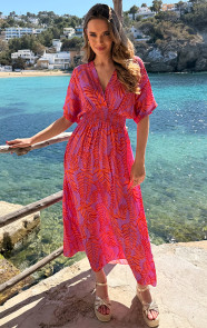 Maxi-Dress-Colorful-Leaf-Print-Oranje-D-2