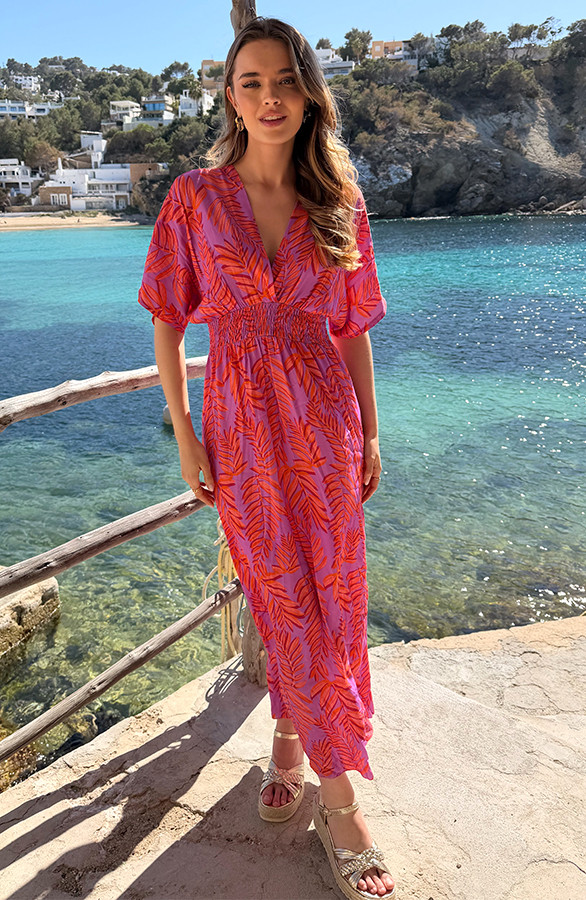 Maxi-Dress-Colorful-Leaf-Print-Oranje-D-5