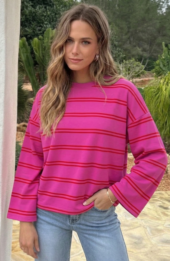 Oversized-Streifentop aus Baumwolle, fuchsiarot