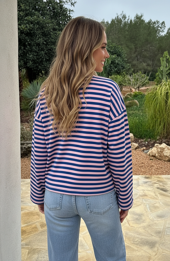Oversized-Strepen-Top-Katoen-Kobalt-Roze-36-6